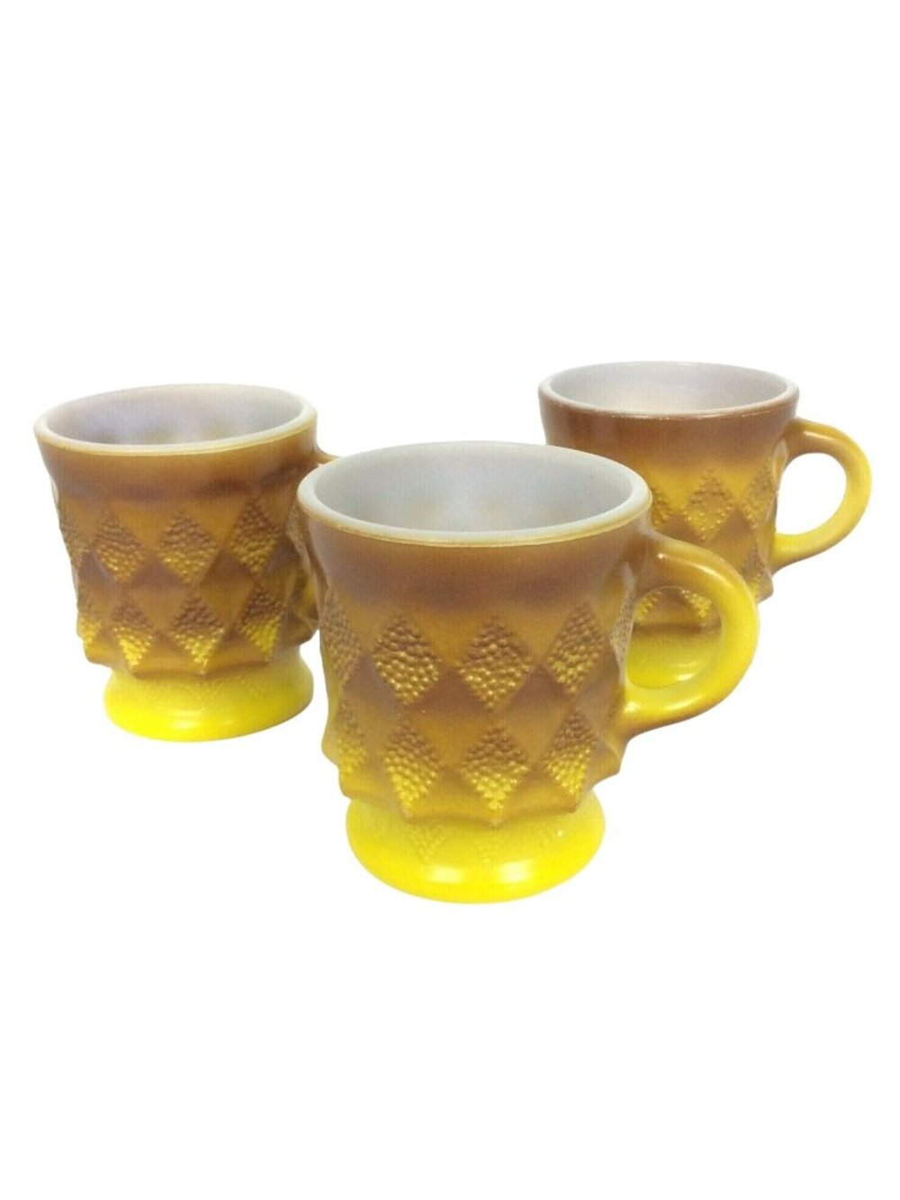 Anchor Hocking Fire King Kimberly Yellow Brown Diamond Coffee Mugs Set Of 3